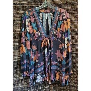 Free People Violet Hill Floral Tunic Mini Dress Women's 2 Gray Babydoll Plunge